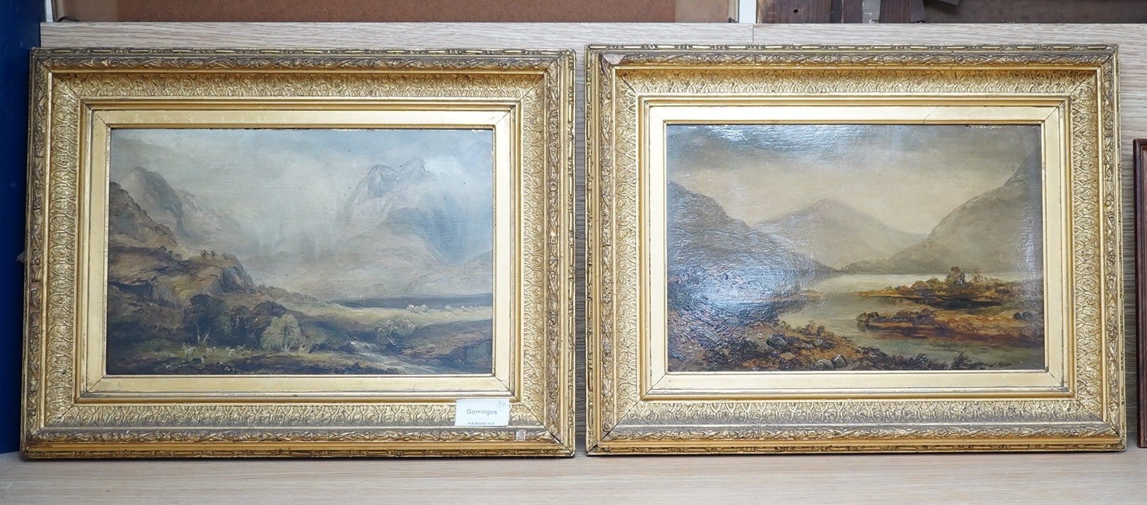 English School c.1900, a pair of oils on panel, landscape scenes, gilt framed, 19x30cm. Condition - good, minor losses to frames